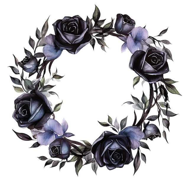 marco de fotos circular de acuarela rosas negras fondo blanco