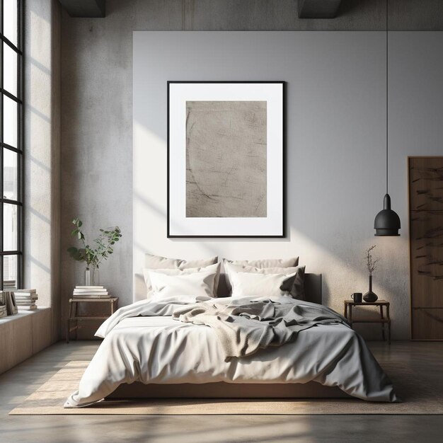 Un marco de fotos cuelga sobre una cama con una imagen de una gran pintura gris y blanca.