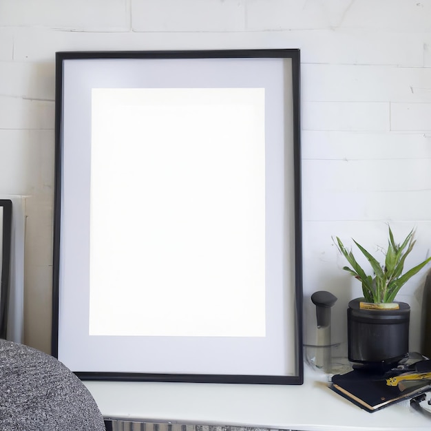 Un marco de fotos está sobre una mesa con una planta encima.