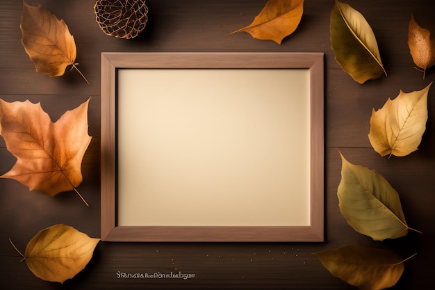 Un marco de fotos con hojas de otoño sobre una mesa de madera.