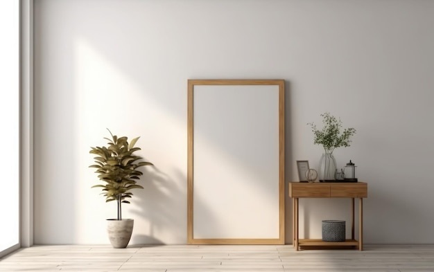 Un marco de fotos junto a una planta en una mesa de madera.