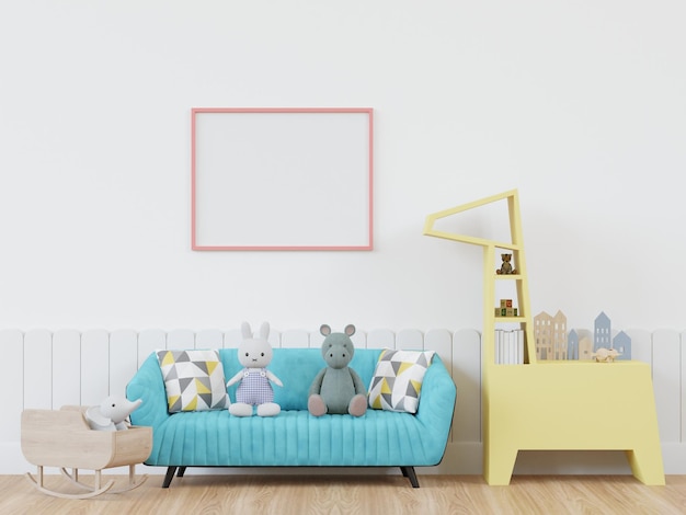 Marco de fotos de maqueta 3D en renderizado de habitación de niños