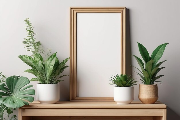 Marco de fotos de maqueta en el gabinete de madera con hermosas plantas renderizado en 3D