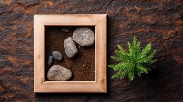 Un marco de fotos con piedras sobre un fondo oscuro con una planta.