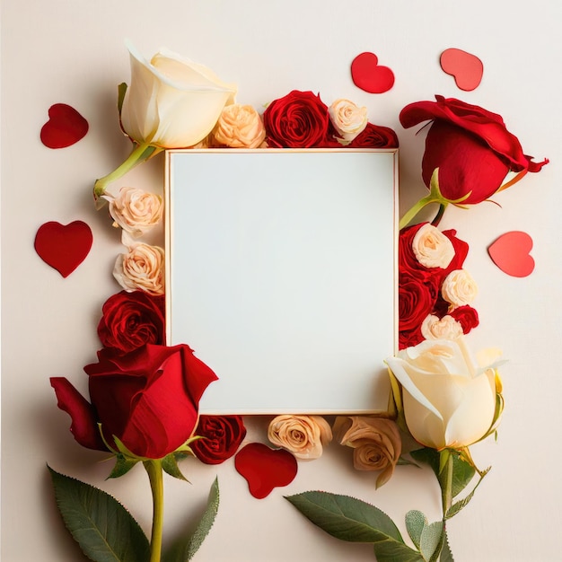 Marco de fotos vacío con un fondo blanco alrededor de una rosa y un corazón. Copie el espacio. día de San Valentín