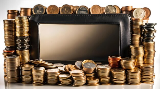 Marco fronterizo 3D con monedas y billeteras flotantes Concepto para finanzas digitales y contenido de comercio electrónico