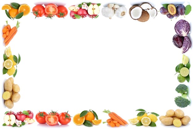 Marco de frutas y verduras manzanas naranjas tomates alimentos vegetales copyspace espacio de copia
