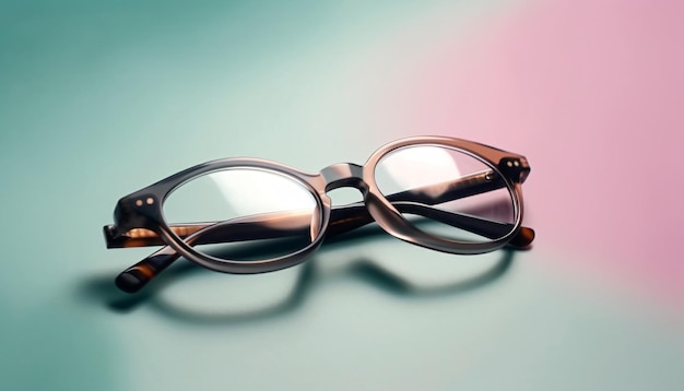 Marco de gafas de forma redonda sobre un fondo turquesa rosa pastel vista superior ai generativo