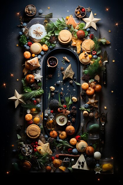 Foto marco de gastronomía artística decoración de alimentos artística para la víspera de año nuevo idea conceptual para la vísperas de año nuevo creativa