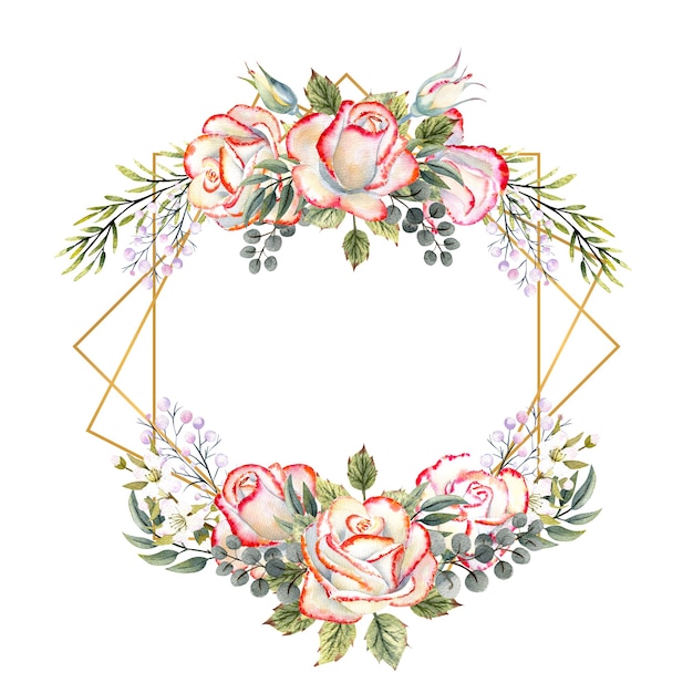 Marco geométrico dorado con un ramo de rosas blancas con hojas, ramitas decorativas y bayas. Ilustración acuarela para logotipos, invitaciones, tarjetas de felicitación.