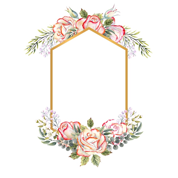 Marco geométrico dorado con un ramo de rosas blancas con hojas, ramitas decorativas y bayas sobre un fondo blanco aislado. Ilustración acuarela para logotipos, invitaciones, tarjetas de felicitación, etc.