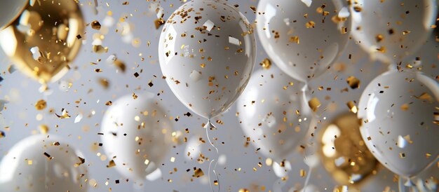 un marco de globos blancos con confeti de oro