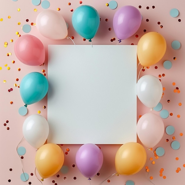 un marco con globos de colores y un marco con las palabras feliz cumpleaños en él