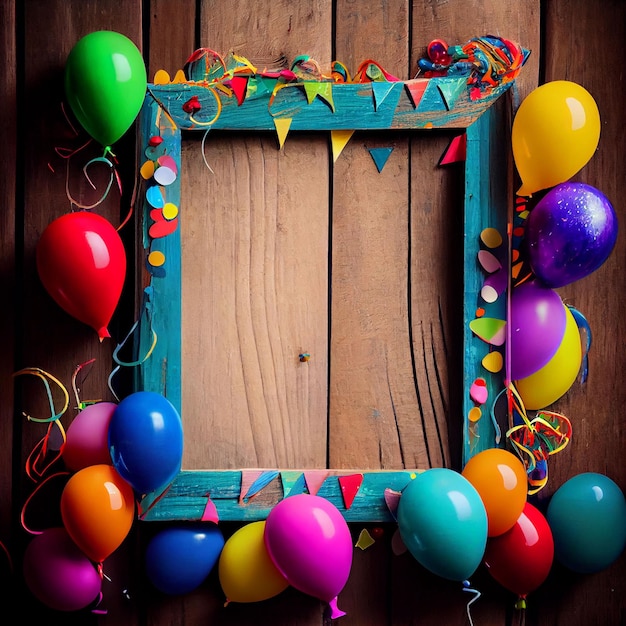 Foto un marco con globos de colores y una pancarta que dice 