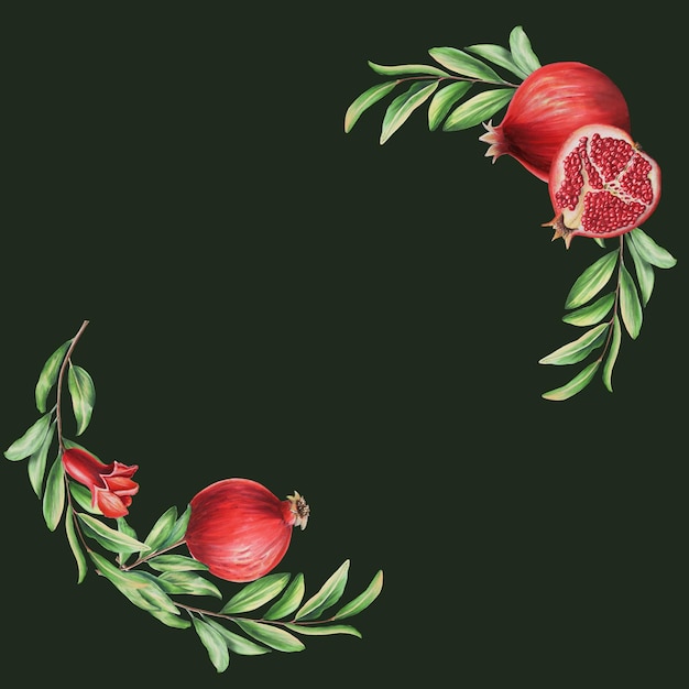 Marco de granada acuarela con una rama Flores de rodaja madura y semillas de granada Dibujado a mano realista sabroso granate rojo fruta aislado