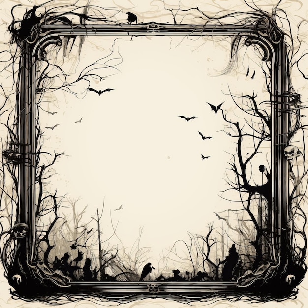 Un marco de Halloween con pájaros y árboles en el fondo