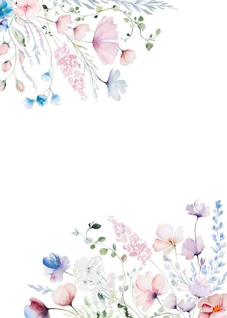 Marco hecho con acuarela pastel flores silvestres y hojas ilustración de boda dibujada a mano