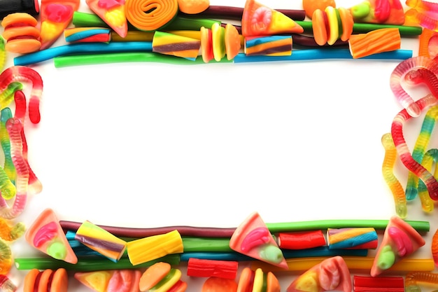 Foto marco hecho de coloridos caramelos de gelatina sobre fondo blanco.