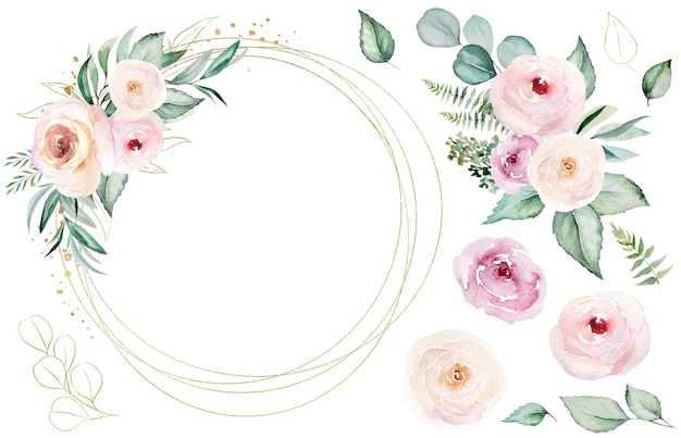 Foto marco hecho de flores de acuarela rosa y hojas de color verde claro ilustración de boda y saludo