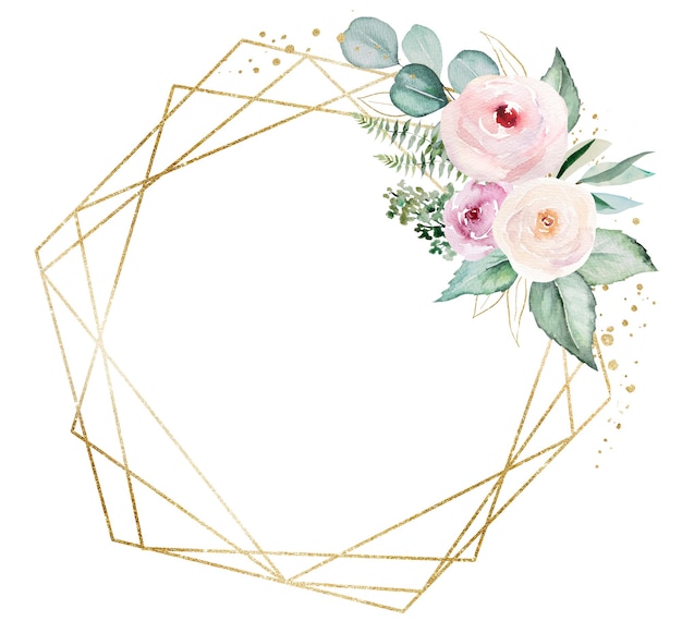 Foto marco hecho de flores de acuarela rosa y hojas de color verde claro ilustración de boda y saludo