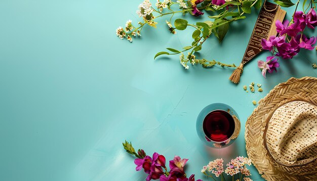 Foto marco hecho de pan plano vino matza torah kippah y flores de alstroemeria en fondo de color