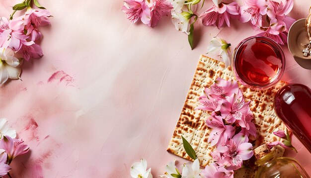 Foto marco hecho de pan plano vino matza torah kippah y flores de alstroemeria en fondo de color