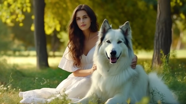 Marco con una hermosa chica con un hermoso perro en un parque sobre hierba verde