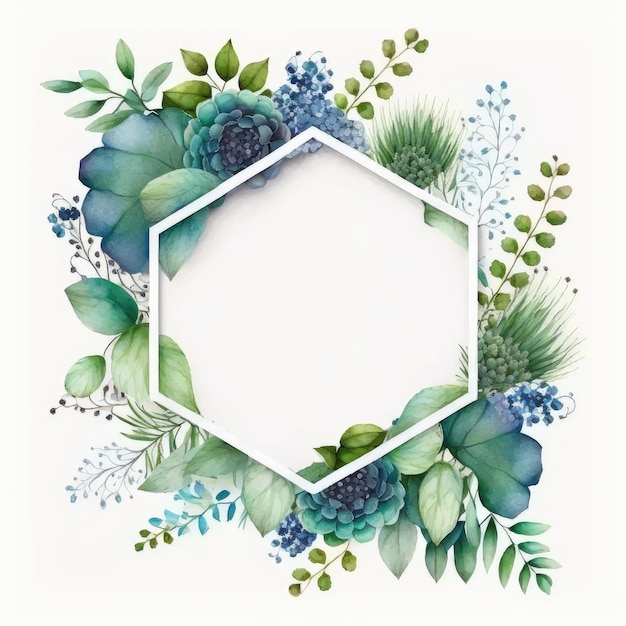 Marco hexagonal de flor azul y hojas verdes con pintura de acuarela