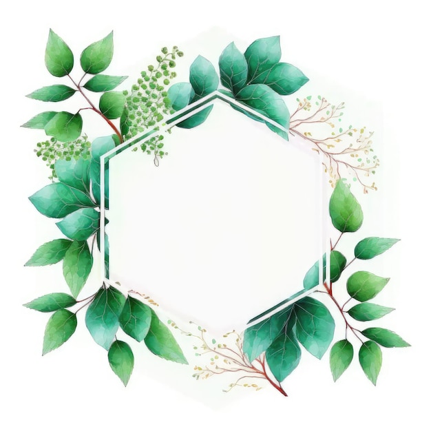 Marco hexagonal de hojas verdes con pintura de acuarela