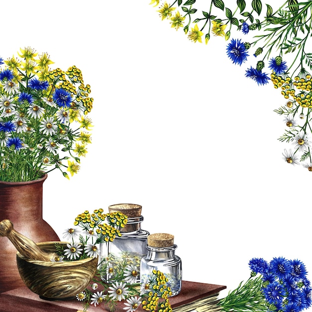 Foto un marco con hierbas medicinales, manzanilla de flor de maíz y tansy una ilustración de acuarela dibujada a mano