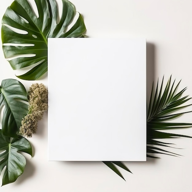 Marco con hojas Hojas tropicales de verano y marco en blanco con espacio de copia sobre fondo blanco IA generativa