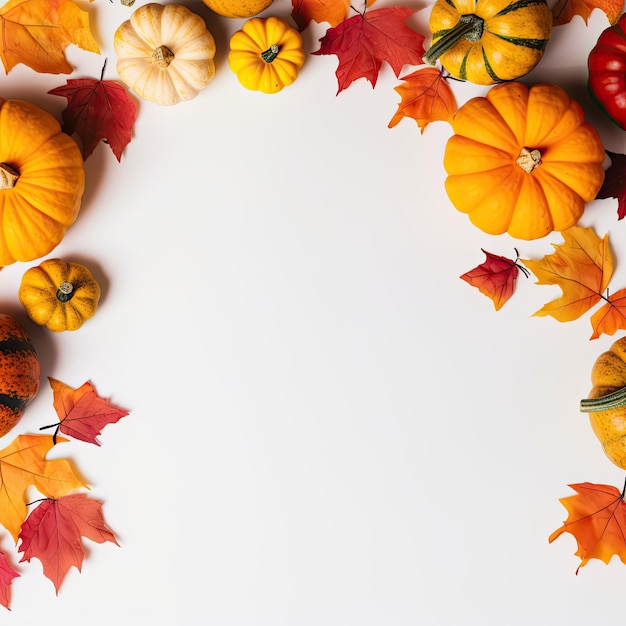 Marco de hojas de otoño de colores y calabazas naranjas sobre un fondo claro