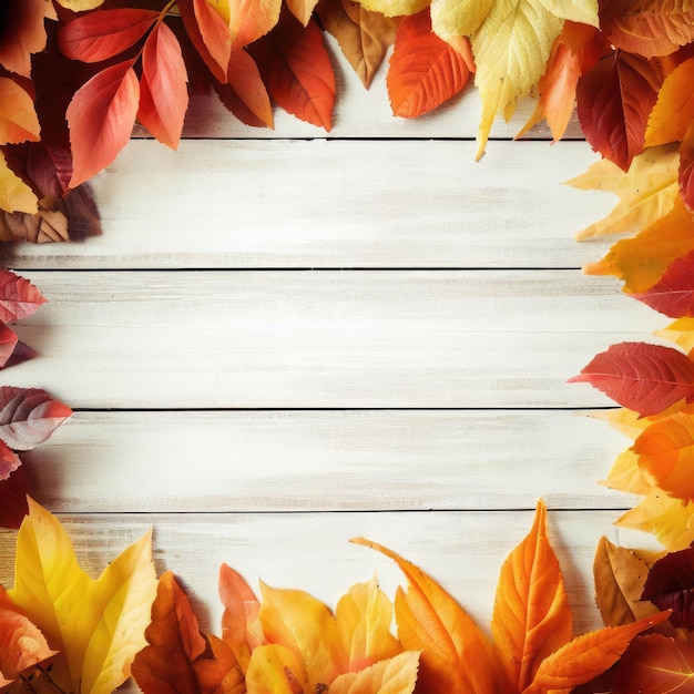 Marco de hojas de otoño sobre fondo blanco de madera rústica
