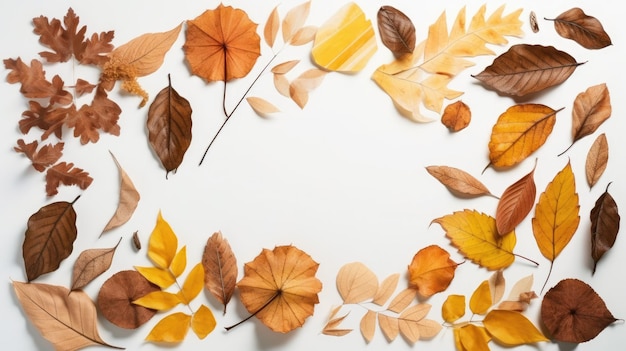 Un marco de hojas de otoño sobre un fondo blanco.