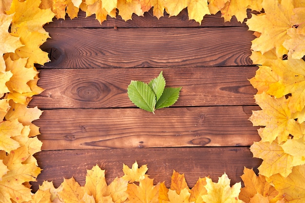 Marco de hojas de otoño sobre fondo de madera vista superior Frontera de otoño Hojas amarillas y naranjas Mesa de madera vintage Copia espacio para texto