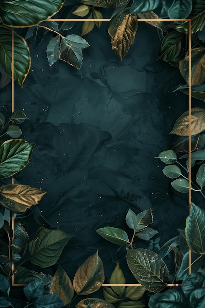 Marco de hojas de teal doradas en textura oscura