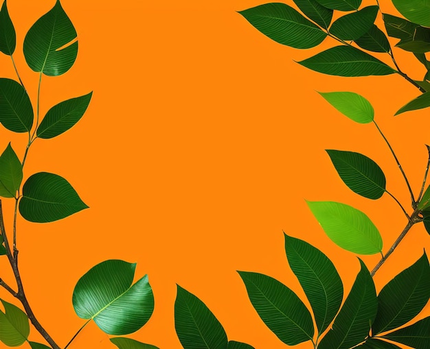Marco de hojas verdes sobre un fondo naranja