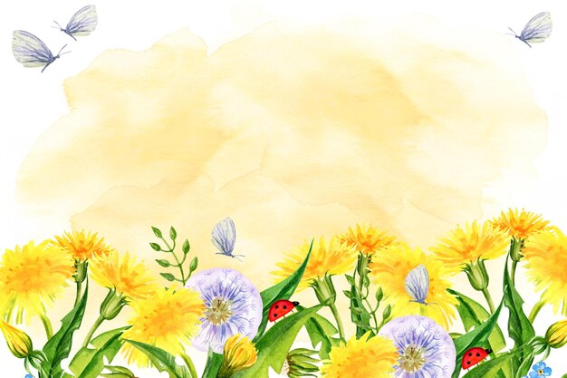 marco horizontal de acuarela con flores de campo de verano dibujo a mano ilustración de diente de león amarillo y bolas de soplo hojas hierbas mariposa en fondo acuarela pastel