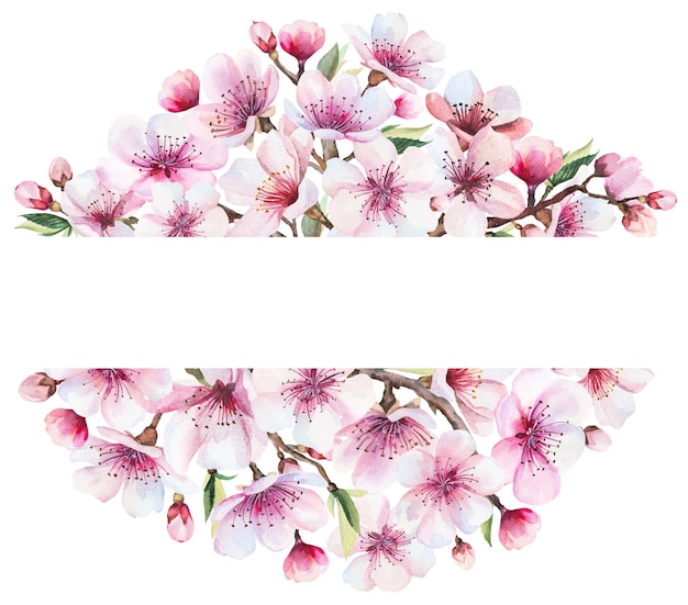 Marco horizontal con acuarela rosas flores de cerezo y brotes de sakura de boda ilustración aislada