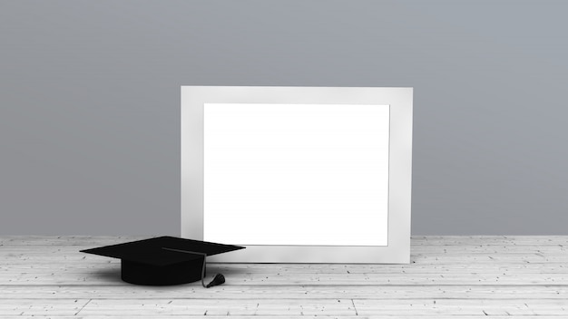 Marco horizontal blanco con gorro de graduación