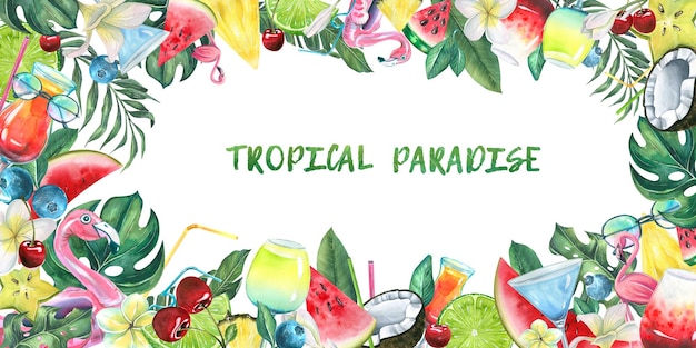 Marco horizontal con cócteles de frutas tropicales y hojas Ilustración de verano de playa jugosa brillante acuarela Para el diseño y diseño de menús certificados invitaciones anuncios anuncios