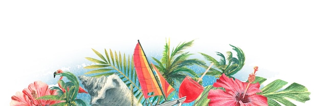 Foto marco horizontal con plantas tropicales y flores rosa flamingo beach bar yate y gafas de sol ilustración acuarela un tablero de un gran conjunto de cuba para la decoración y el diseño de la playa