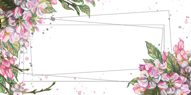 Marco horizontal con ramitas de flores y hojas de un manzano Ilustración de acuarela Para las invitaciones de boda y vacaciones tarjetas de felicitación certificados de salones de belleza pancartas tableros