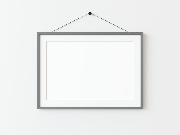 Un marco horizontal rectangular gris colgado en una pared con textura blanca maqueta Vista superior plana 3D