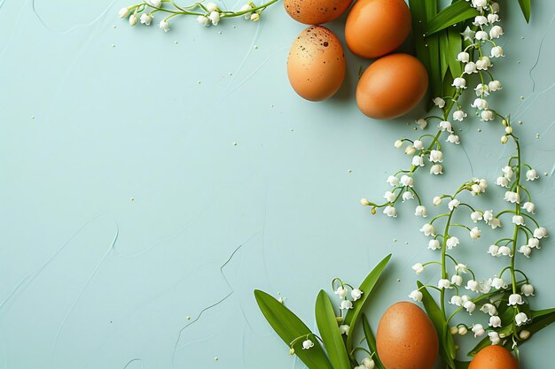 Marco con huevos de Pascua y flores de lirio del valle sobre un fondo azul pastel Feliz Pascua