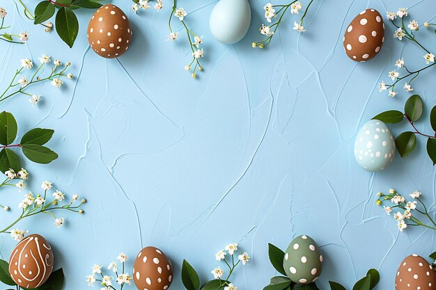 Marco con huevos de Pascua y flores de lirio del valle sobre un fondo azul pastel Feliz Pascua