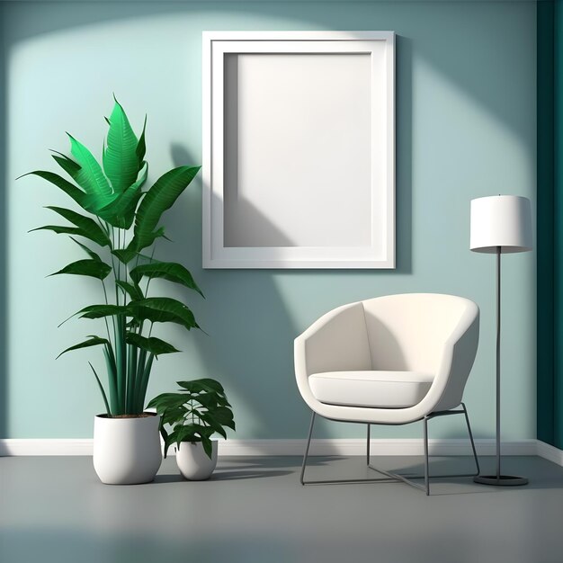 Marco de imagen blanco en blanco en la escena de la sala de estar minimalista de pared verde pastel con planta de interior en maceta