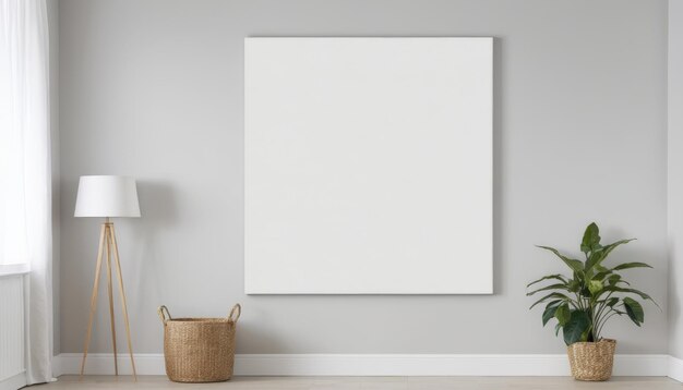 un marco de imagen blanco en blanco en una pared con una lámpara a su lado