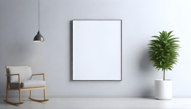 un marco de imagen en blanco colgado en una pared con una planta en la esquina