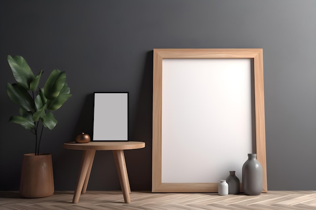 Un marco de imagen en blanco se sienta en una mesa de madera junto a una planta